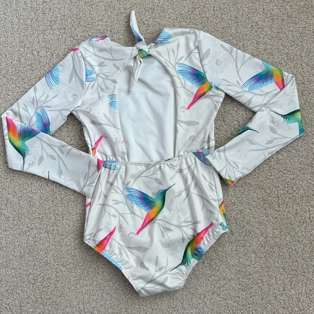 Kids Long Sleeve Swimwear with Colorful Hummingbird Print - White